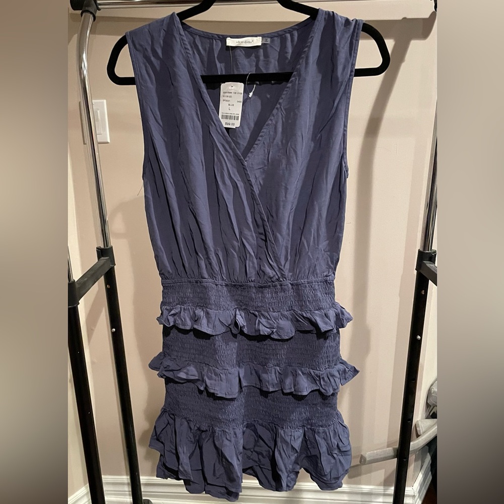 sleeveless smocked blue tiered ruffle dress L